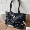 Japanese Pleated Bow Shoulder Bag Fashion Tote Bag Pearlescent Satin Ballet Pleated Girly Handbag