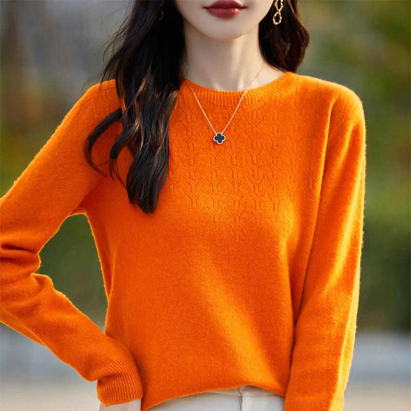 Women's Round Neck Crochet Knit Sweater: Loose-Fit, Autumn/Winter Pullover Base Layer.