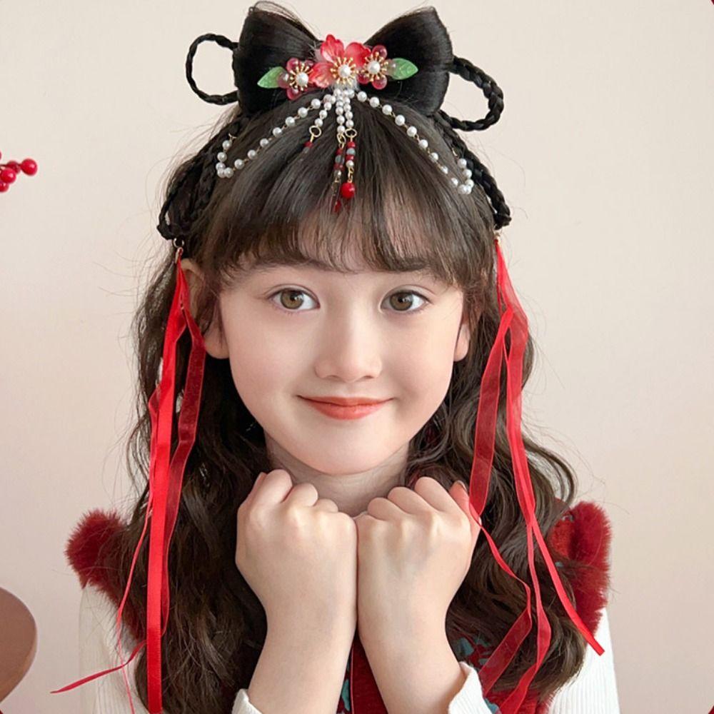 Tassel Children Wig Headband Flower Hanfu Hair Sticks Simple Chinese New Year Headwear  Baby
