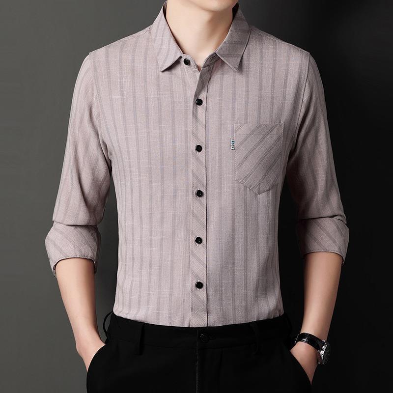 Long-sleeved Striped Spring and Autumn Shirt for Men Middle-aged Business Casual Real Pocket Cotton and Linen Dad Men's Shirt