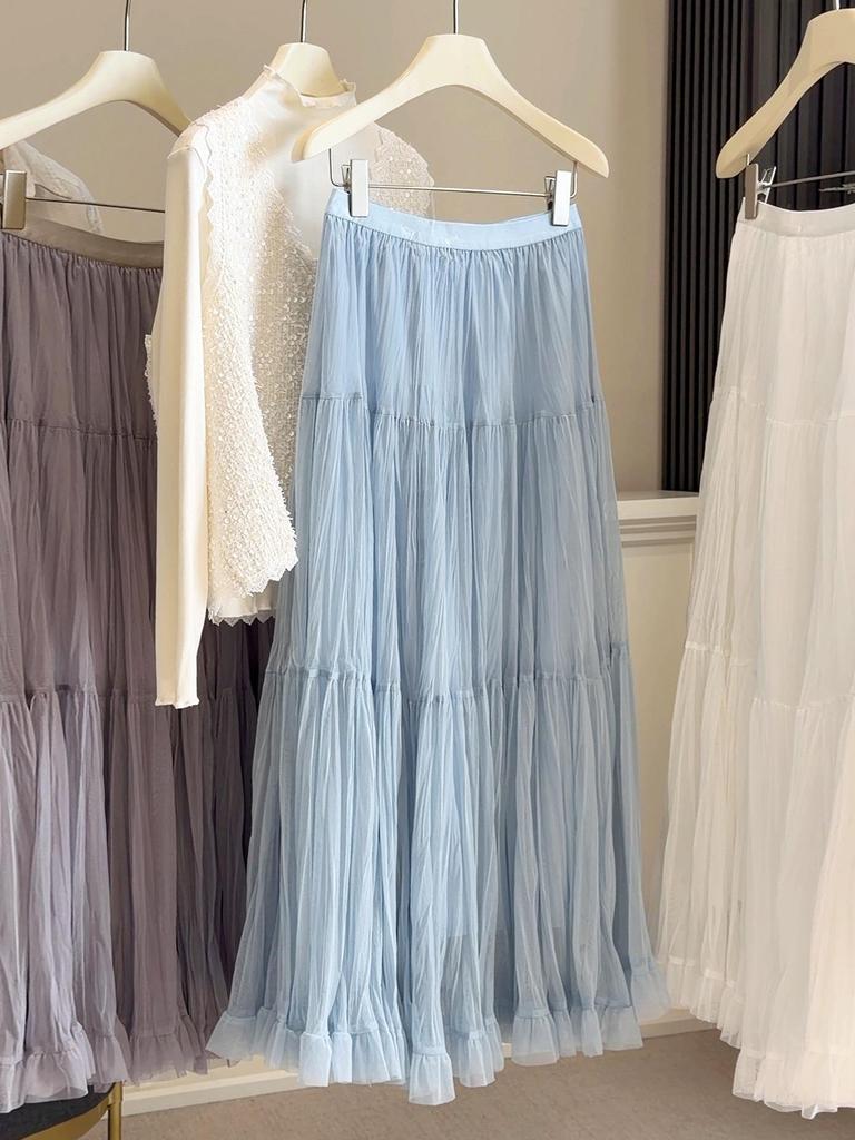 Women's 2026 Spring High-Waisted Ruffled A-Line Mesh Skirt
