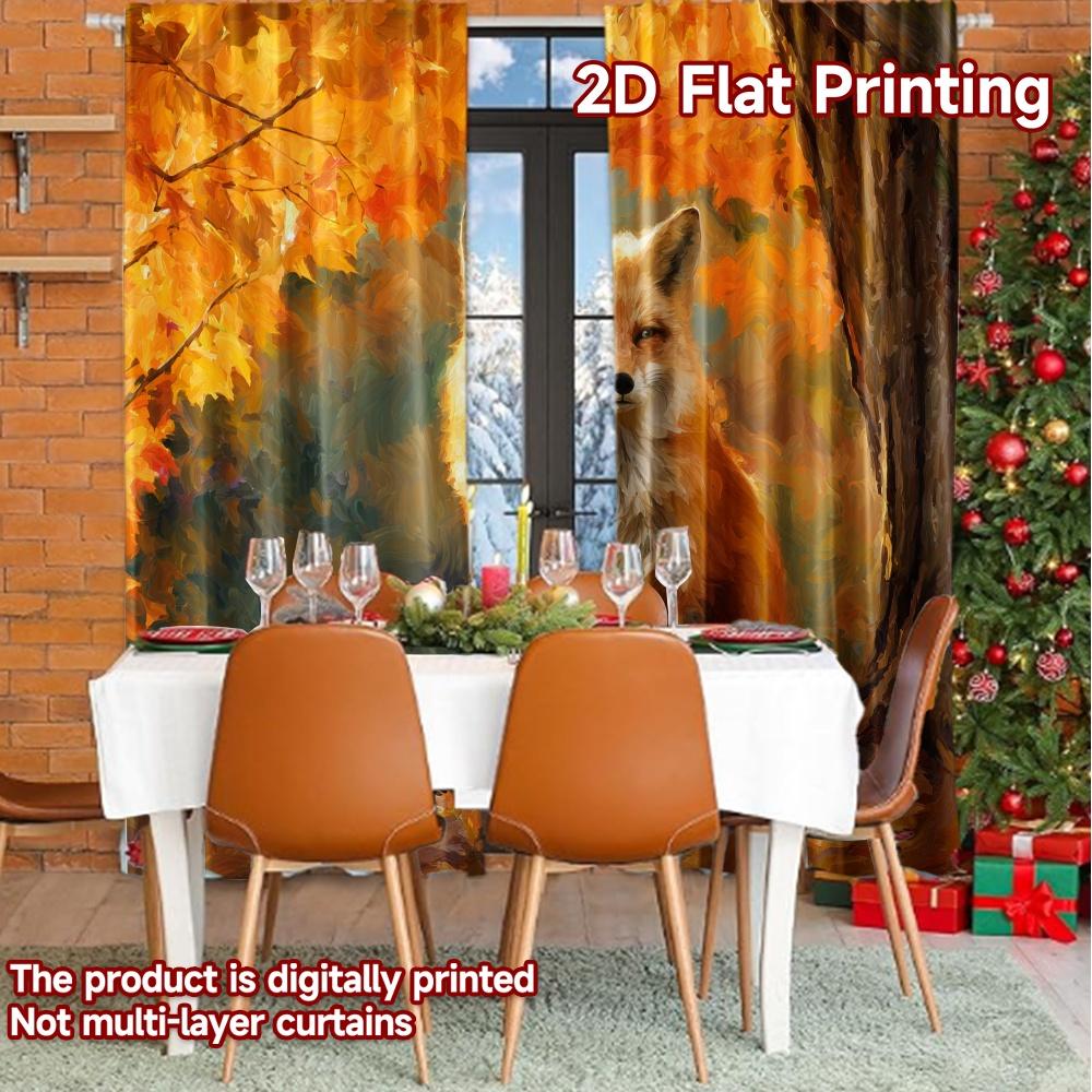 Set Of 2 Flat Printing Curtains Without Rod Autumn Fox Scene Chic Print Festival Durable Polyester Thermal Made