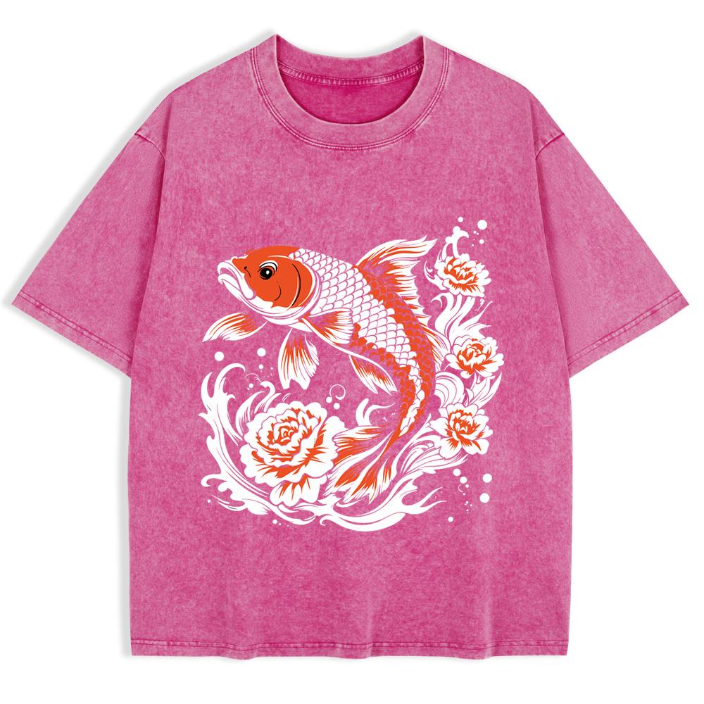 Japanese Koi Harajuku Printed Washed T-Shirts Mens Cotton Short Sleeve Tops Summer O-Neck Oversized T Shirt Clothes