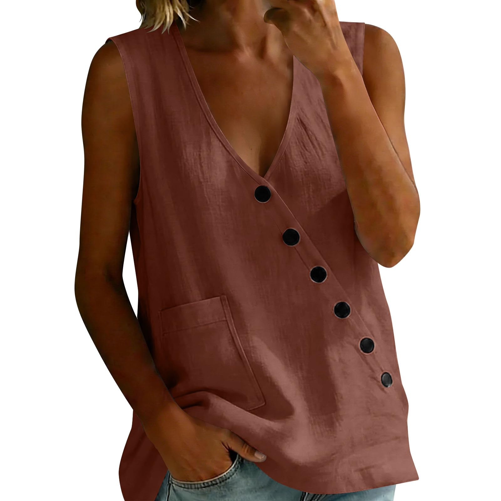 

Women s Color V-neck Sleeveless Vest Top Button Inch Shirt XL червоний