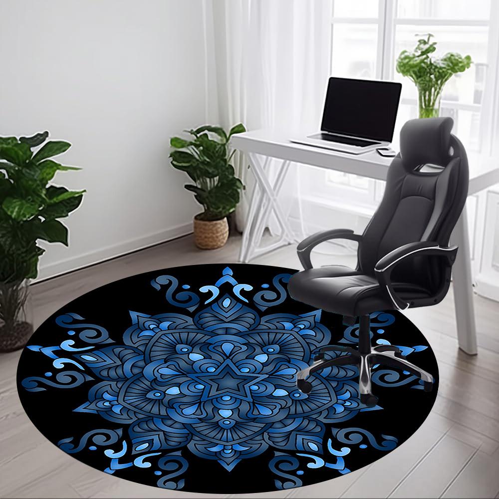 1PC Blue Mandala Pattern Office Round Rug, Non slip, Soft and Durable Office Rug for Interior Decoration, Perfect for Office