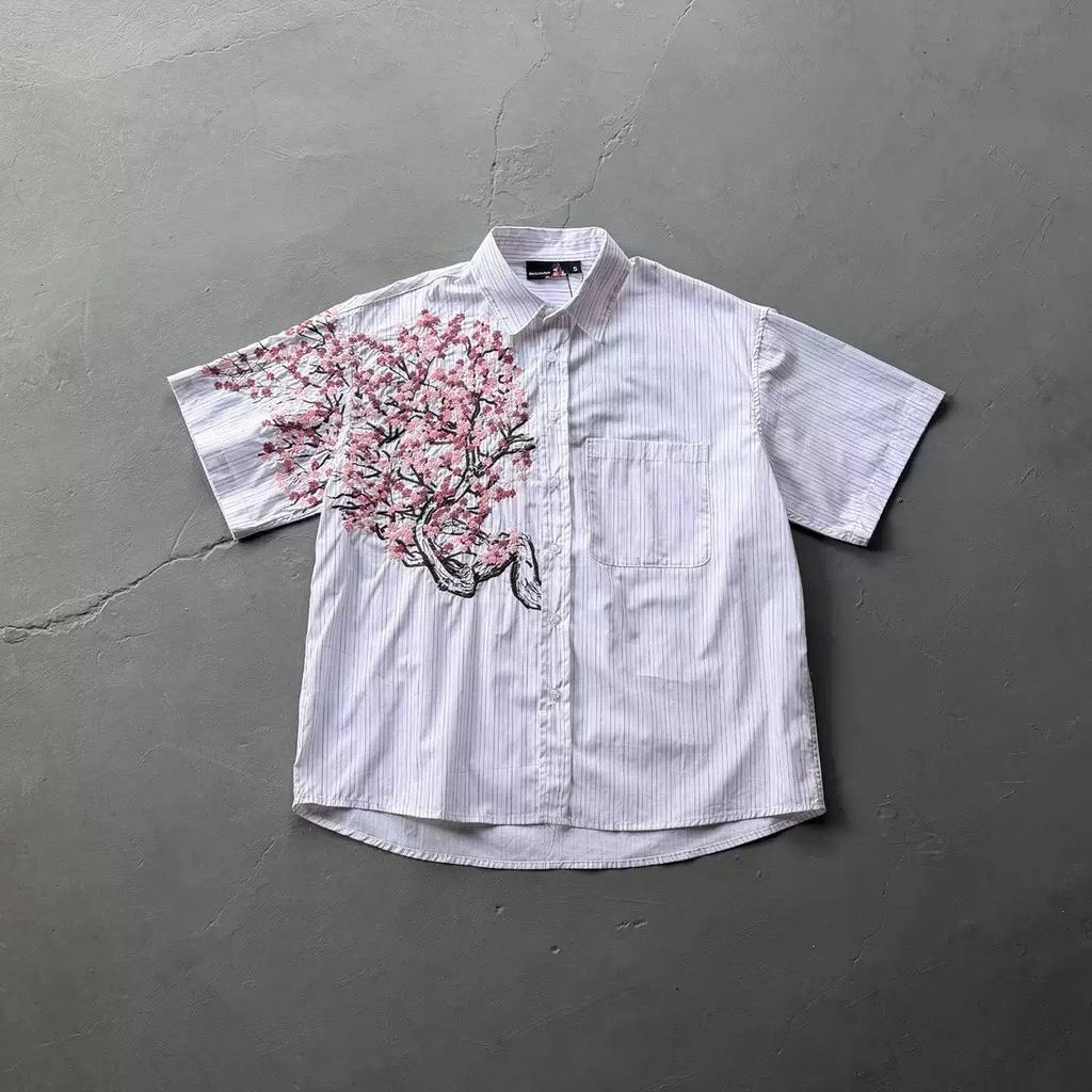LUXEON Mode Nouvelle Chemise Homme Coupe Ample Broderie Fleur de Cerisier Chemise Décontractée Manches Courtes