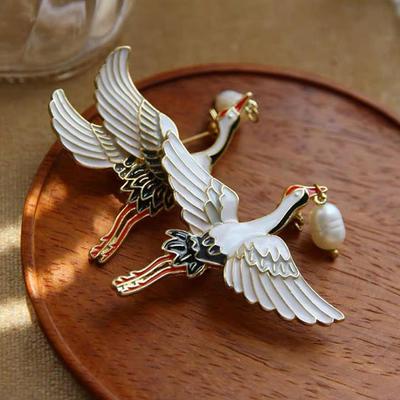 1 st Parel Kraanvogels Emaille Pin Vintage Vogel Bedel Broches Vrouwen Luxe Sieraden