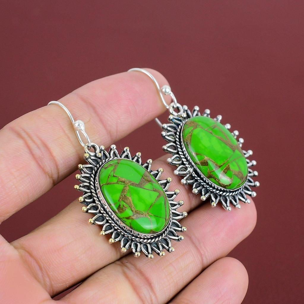 Copper Green Turquoise Earring Genuine Gemstone Earrings 925 Sterling Silver Earrings Green Turquoise Jewelry Gifts For Her Handmade Earring