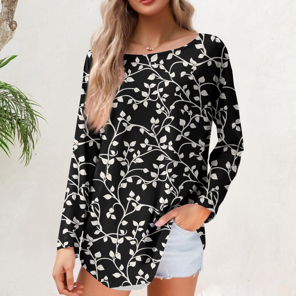 Women's  Loose Casual Flower Printed Round Neck Long Sleeved T Shirt Top Pullover Long Sleeved Sweatshirt