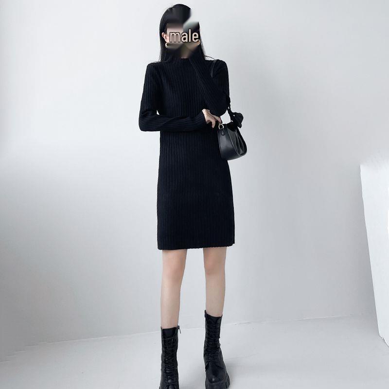 Women's Black High-Neck Petite Wool Knit Dress - 2025 New Autumn/Winter Collection