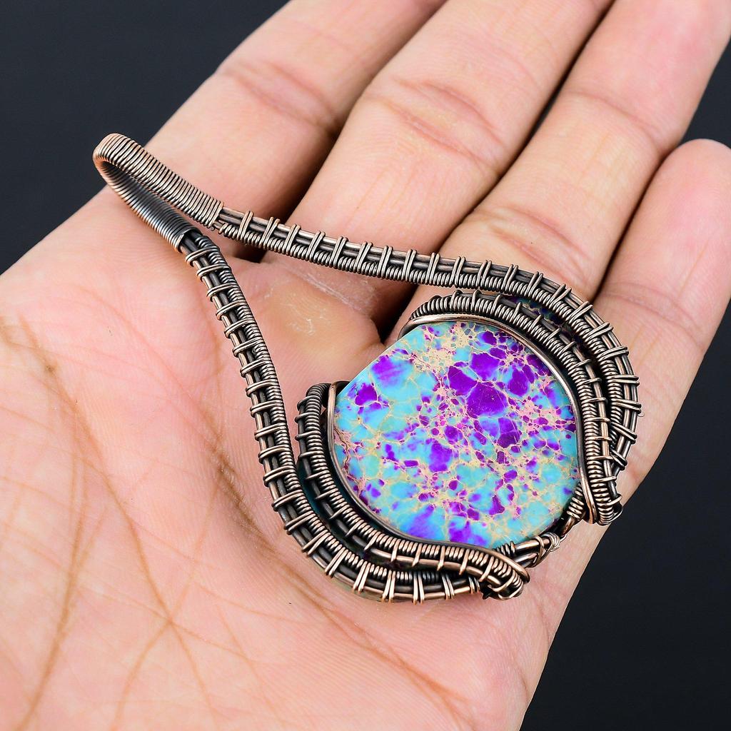 Blue Sea Sediment Gemstone Pure Copper Wire Wrapped Handmade Jewelry Pendant