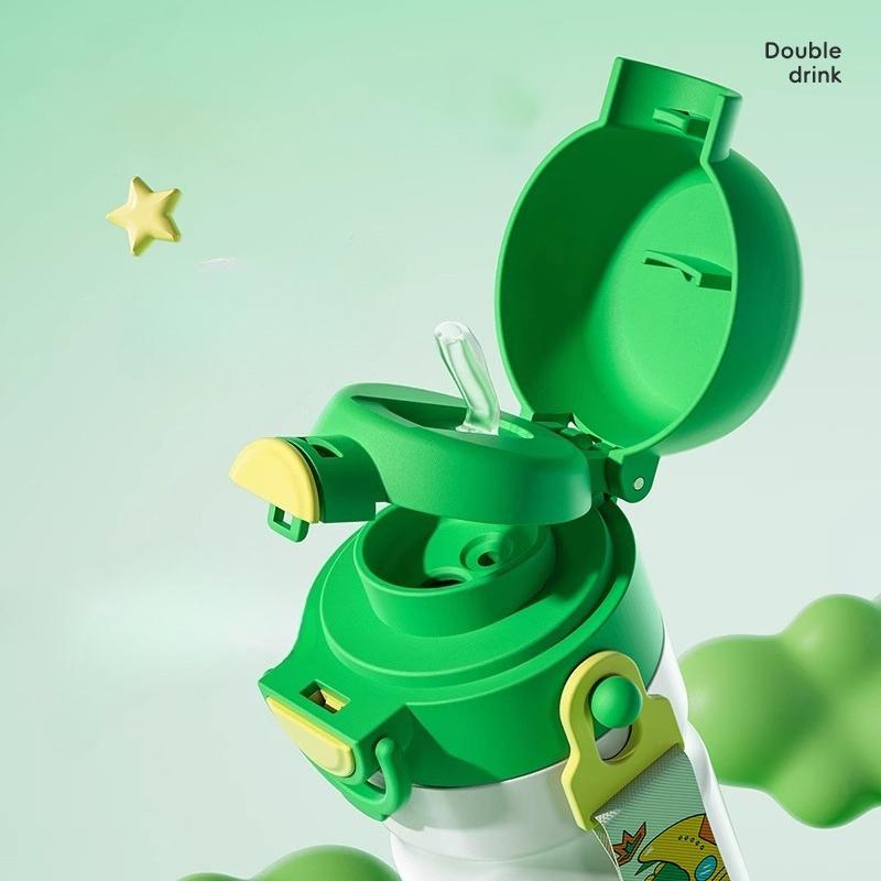COOKER KING Cartoon Thermos Cup for Kids Stainless Steel Straw Cup with Strap Portable Double Drinking Water Bottle for Children