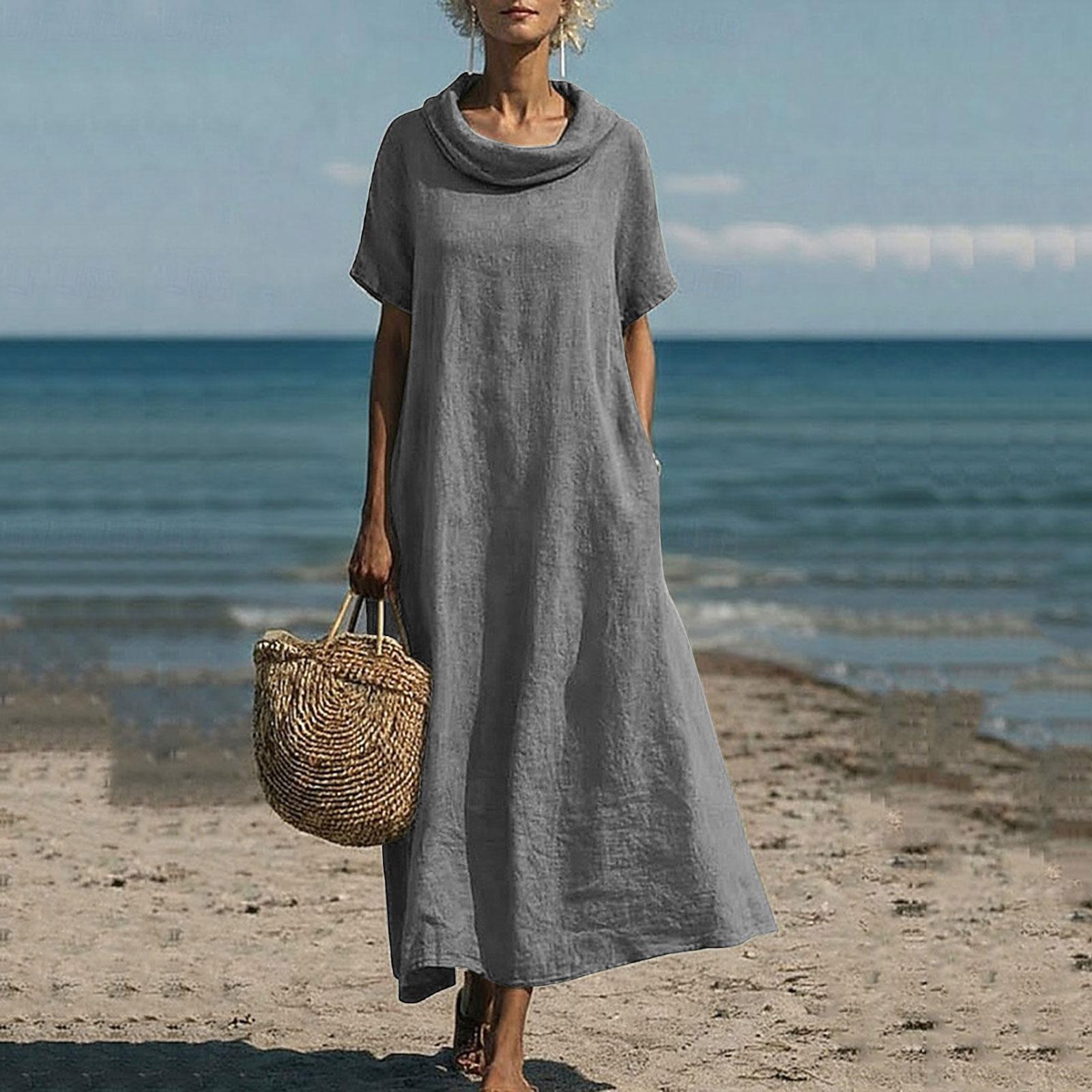 Women s Loose Fit Cowl Neck Maxi Dress Short Sleeve Solid Patterned Casual Linen Floor Length Gown S