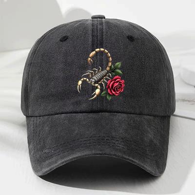 Scorpion and Rose Graphic Washed Baseball Cap Unisex Vintage Polyester Casual Streetwear Adjustable Sports Hat