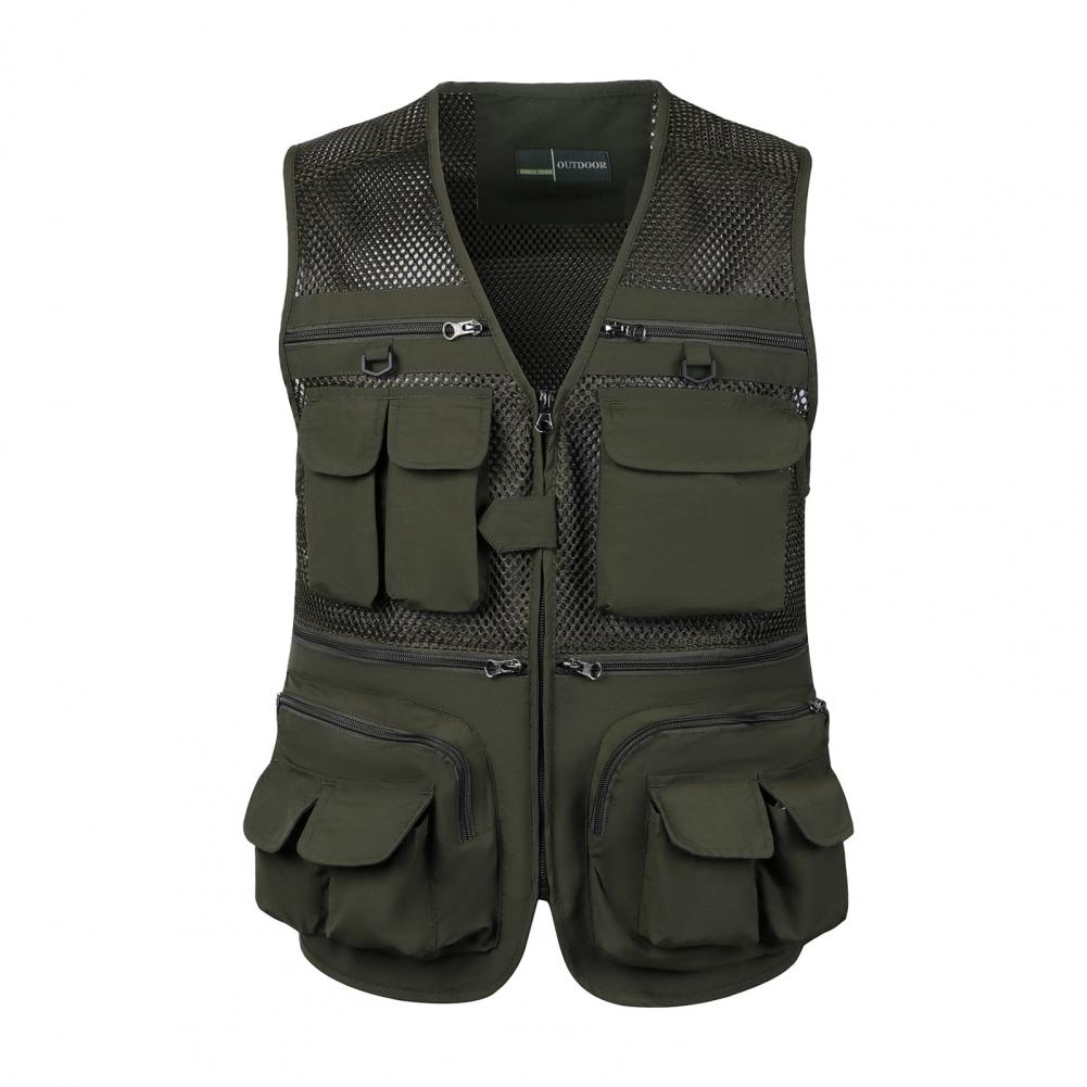 Men Cargo Waistcoat V-neck Sleeveless Zipper Placket Vest Coat Solid Color Mesh Stitching Multi Pockets Fishing Hiking Waistcoat