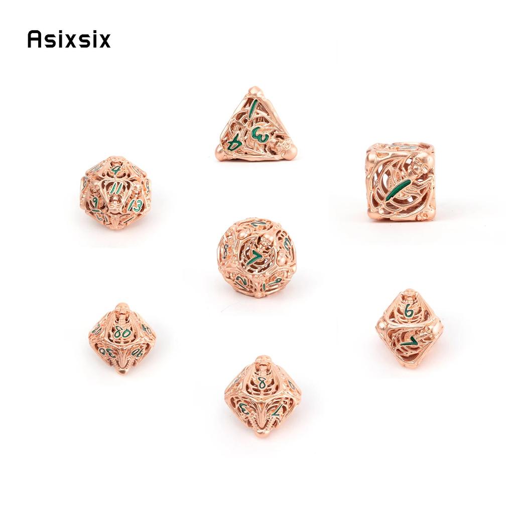 7 Pcs Golden Green Skull Metal Dice Hollow Metal Polyhedral Dice Set Suitable for Role-Playing RPG  Board Game Card Game