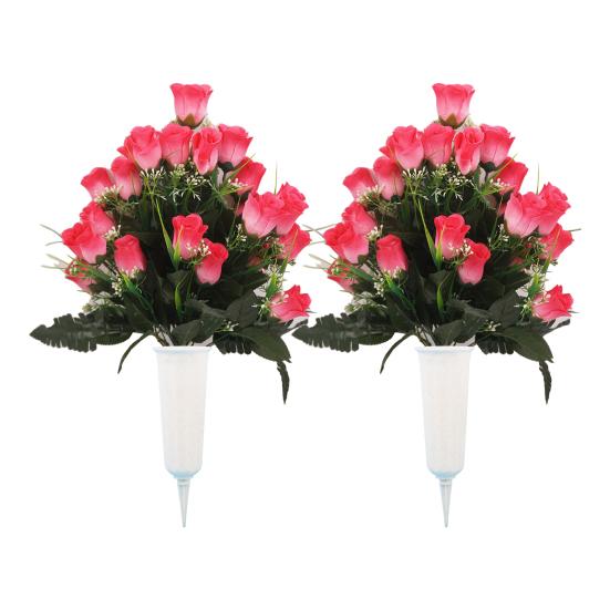 2 Pcs Artificial Cemetery Flowers Outdoor Gravestone Faux Rose Flower with Vase Graveyard Memorial Bouquet for Cemetery Headstones Decoration