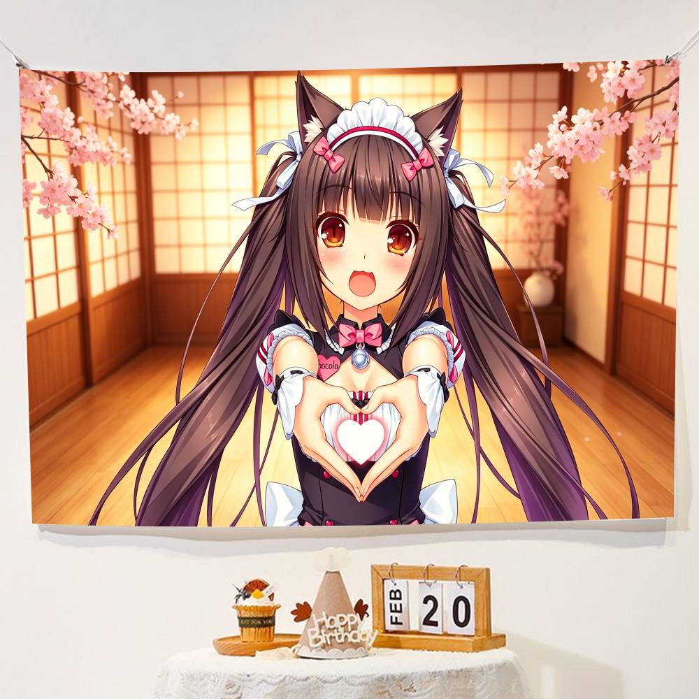 Anime Girl Cat Ear Maid Kawaii Banner Background Super Scene Decoration Banner Backdrop baby shower