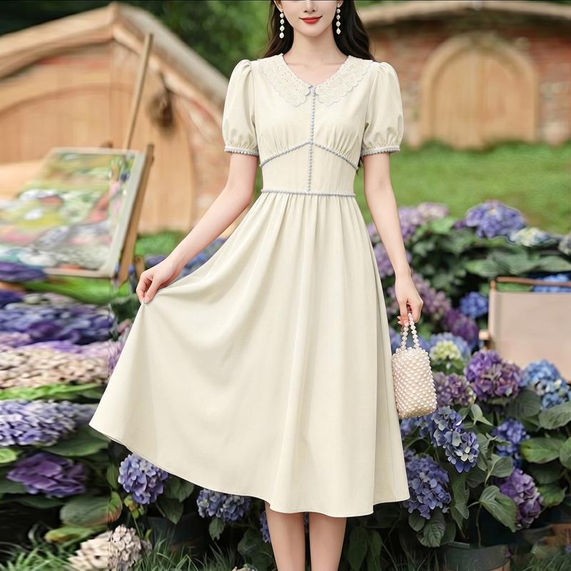 ZANZEA Womens Lace Crochet Splice V-Neck Casual Short Sleeve Elegant Dress M абрикосовый
