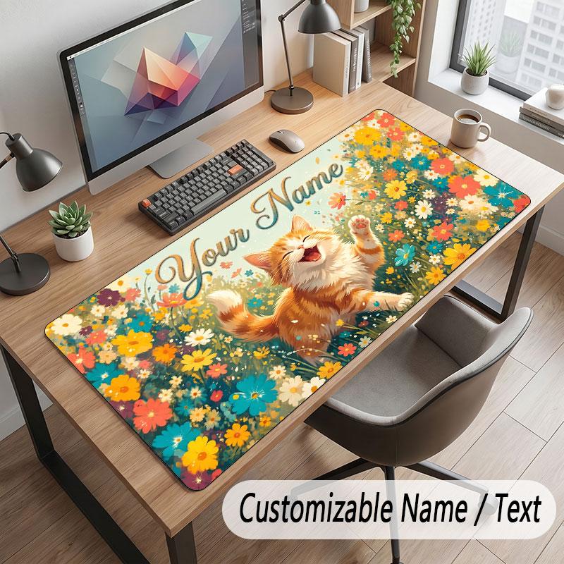 Cat Theme Customized Mouse Pad Personalized Print Name Text Desk Mat For Home Office Table Decor