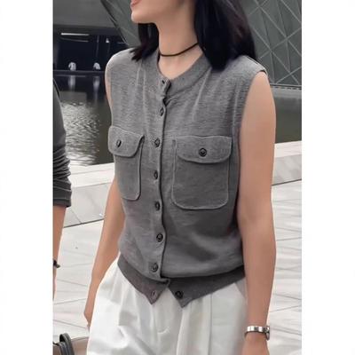 Women's Tencel Knit Vest Cardigan: Loose, Sleeveless, Round Neck, Stylish for Spring/Summer