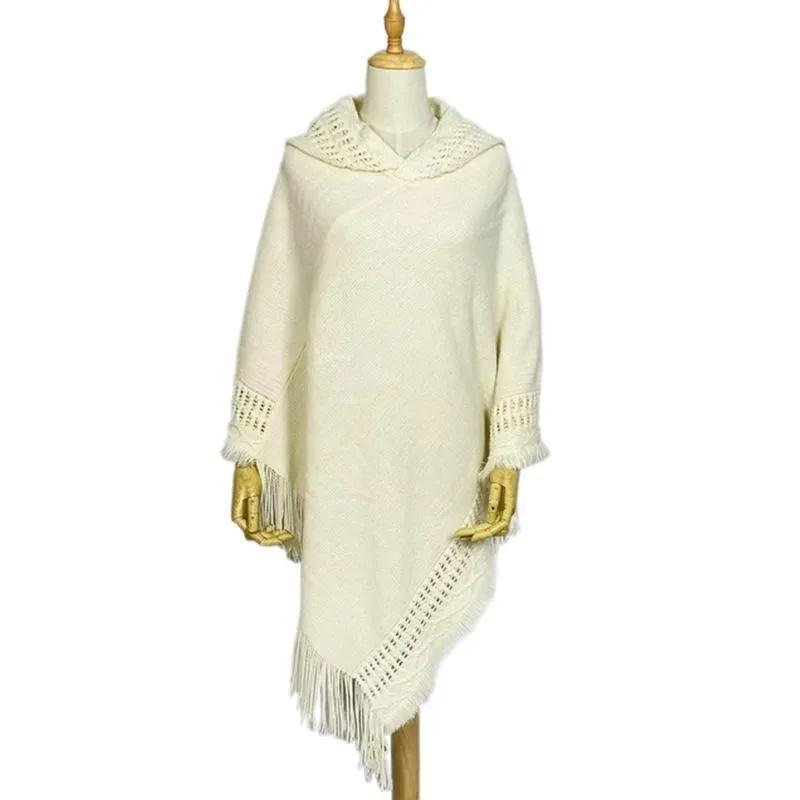 Women's Tassel Large Size Knitted Sweater With Hood And Imitation Cashmere Cape And Shawl