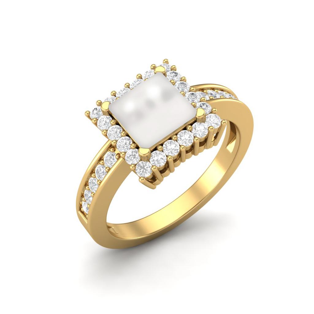 6 MM Square Cut Pearl Gemstone Solitaire Accent 925 Sterling Silver Gold Vemreil Women Wedding Ring