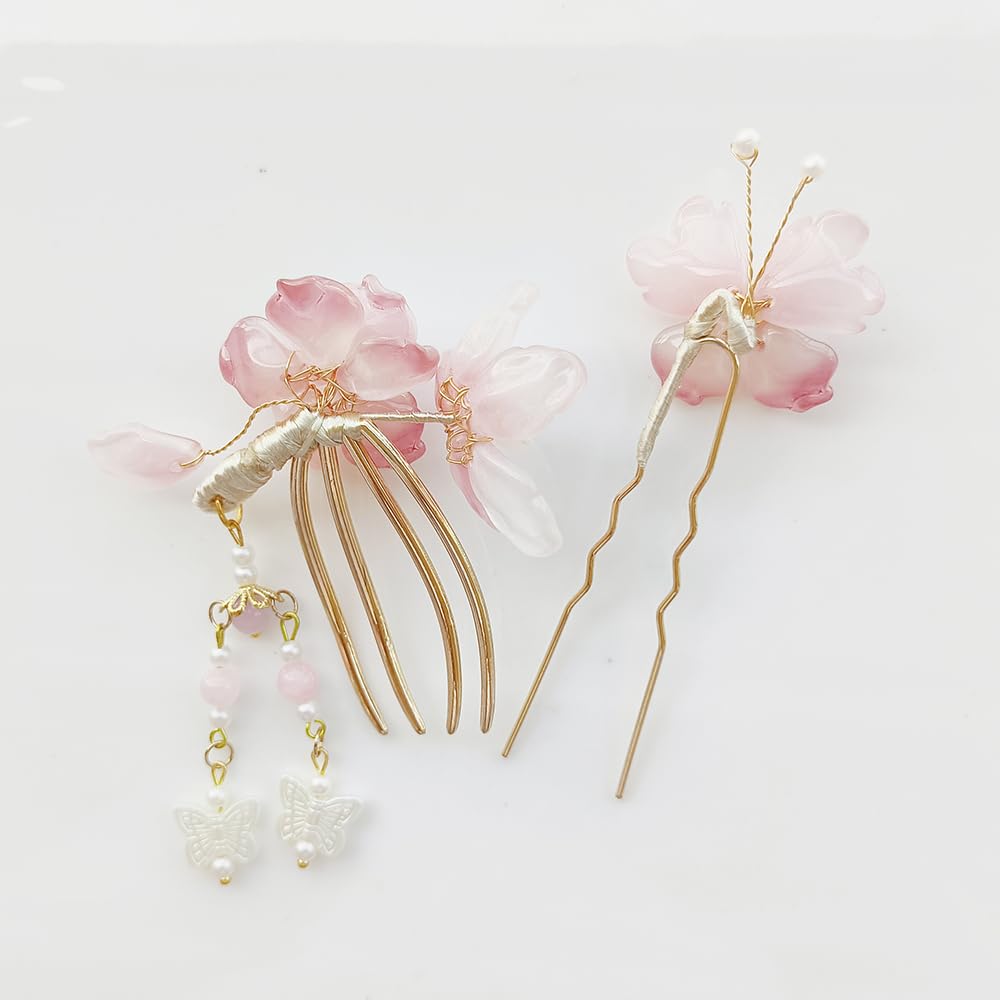 Hair Ornament Set with Flower and Butterfly Stylish Kanzashi Hairpin for Entrance Hanfu 2-Piece Design, U-Pin, Kimono, Yukata, Graduation, Ceremony,