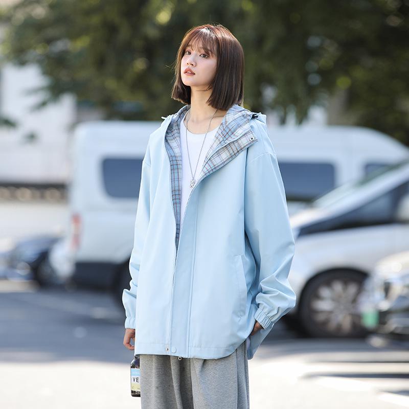 Women's 2024 Spring/Autumn Color Block Plaid Windproof Hooded Sports Top