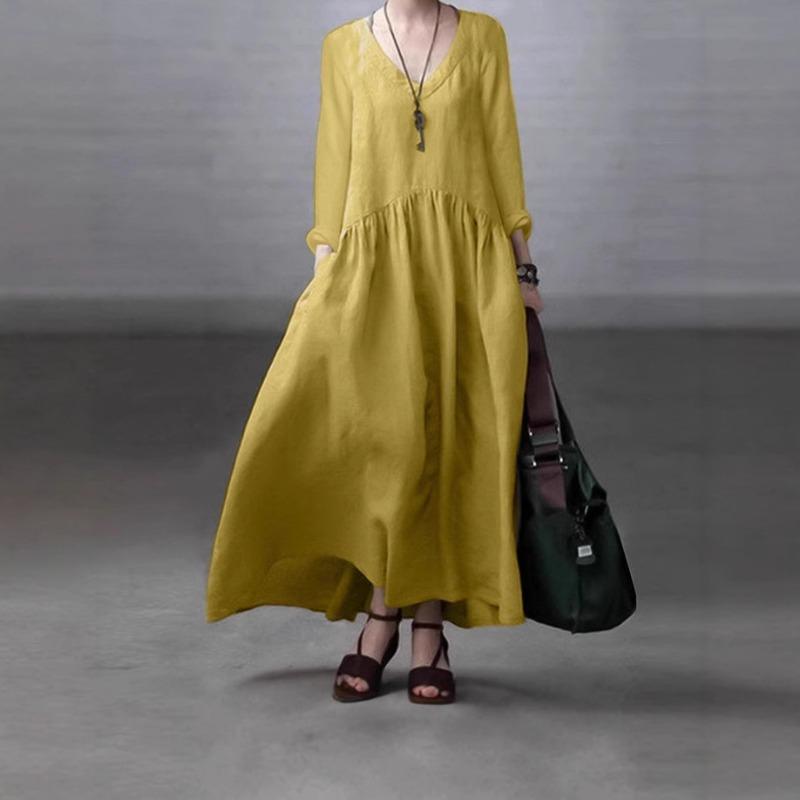 New Fashion V-neck Women's Casual A-line Dress Large Size Solid Color Loose Long Dress Summer Simple Pleated Elegant Party Dresses Clothing
