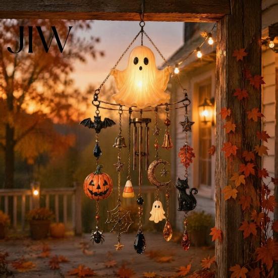 Outdoor Garden Decoration Halloween Luminous Ghost Wind Chime, Glow-in-The-Dark Hanging Ornament with Pumpkin Bat Weatherproof Metal Pendant