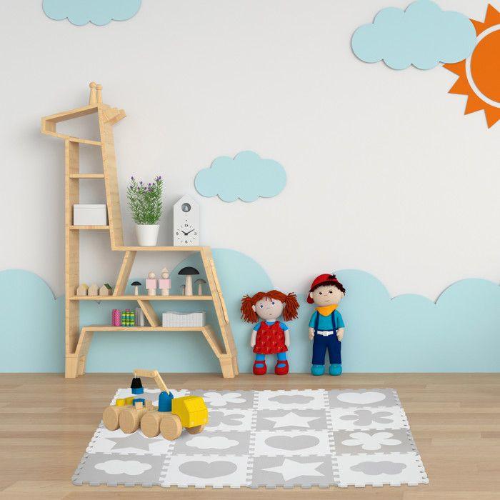 Relaxdays Tapis De Sol Puzzle 52 Pièces, Mousse EVA, Sans Polluants, 1,4 M2, Dalle Jeu Bébé, Diff Motifs, Gris/blanc