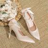 Fashion High Heels for Women Thin Heel Pointed Toe Straight Pearl Buckle with Bow Silk Fabricplus Size Women's Shoes Pumps White Heels