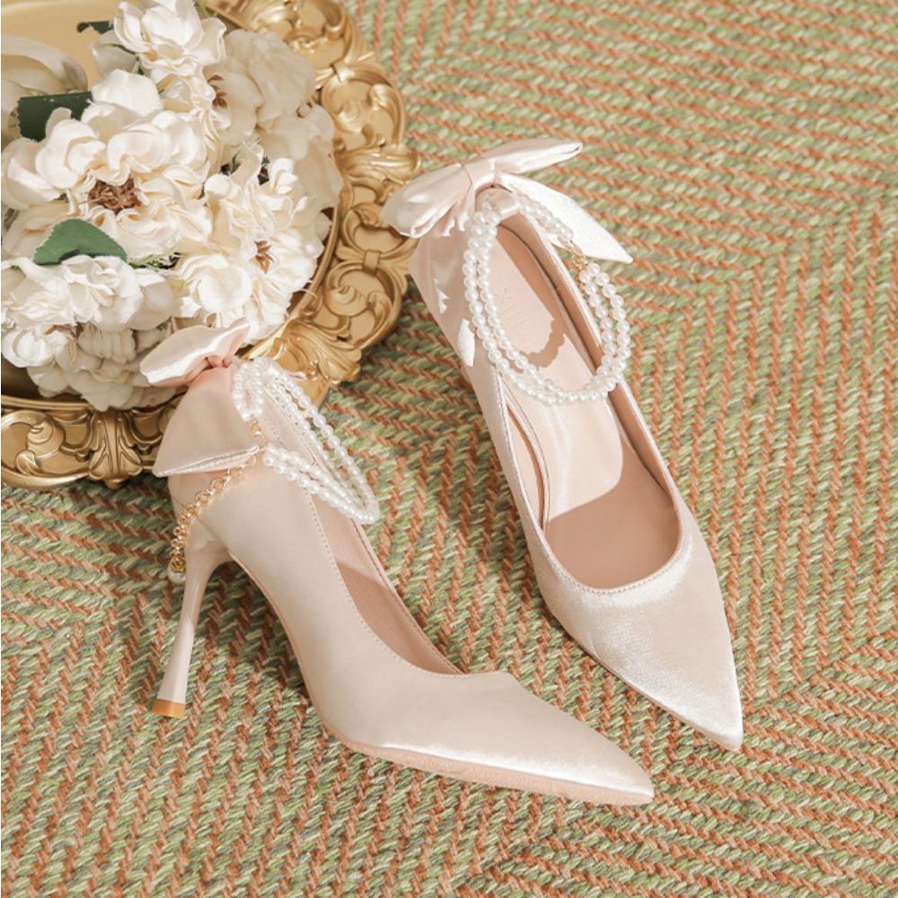 Fashion High Heels for Women Thin Heel Pointed Toe Straight Pearl Buckle with Bow Silk Fabricplus Size Women's Shoes Pumps White Heels