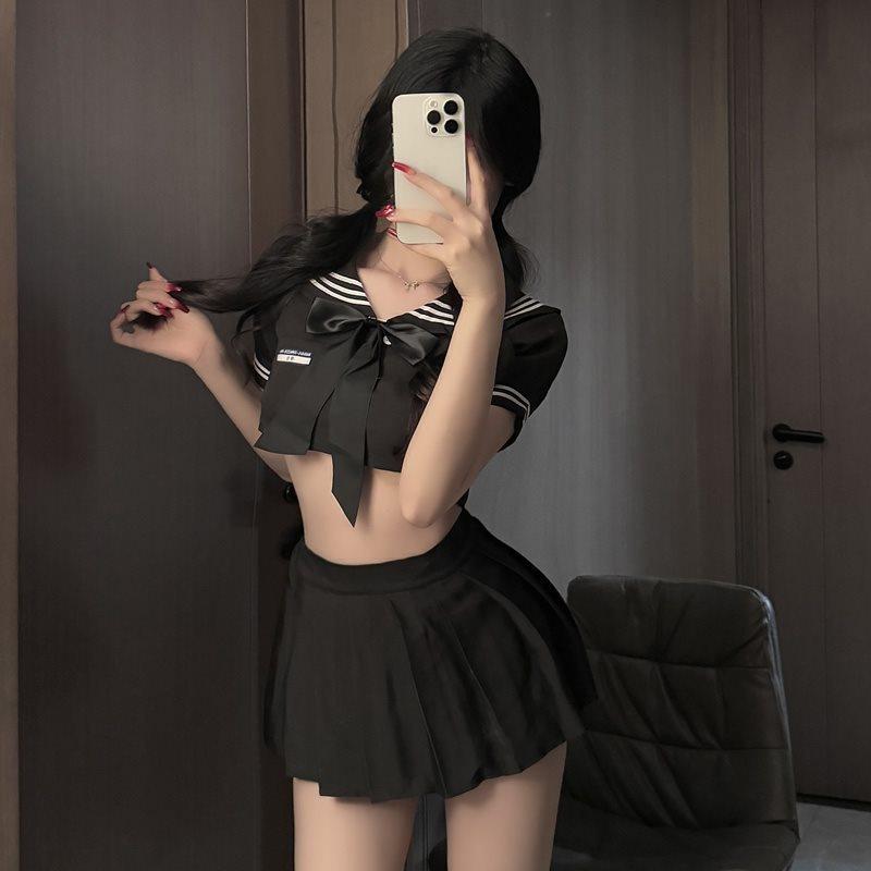 2024 New Japanese Anime School Girl Cosplay Student Sailor JK Uniform Skirt Sets Sweet Short Sleeve Crop Tops Navy Lingerie Set