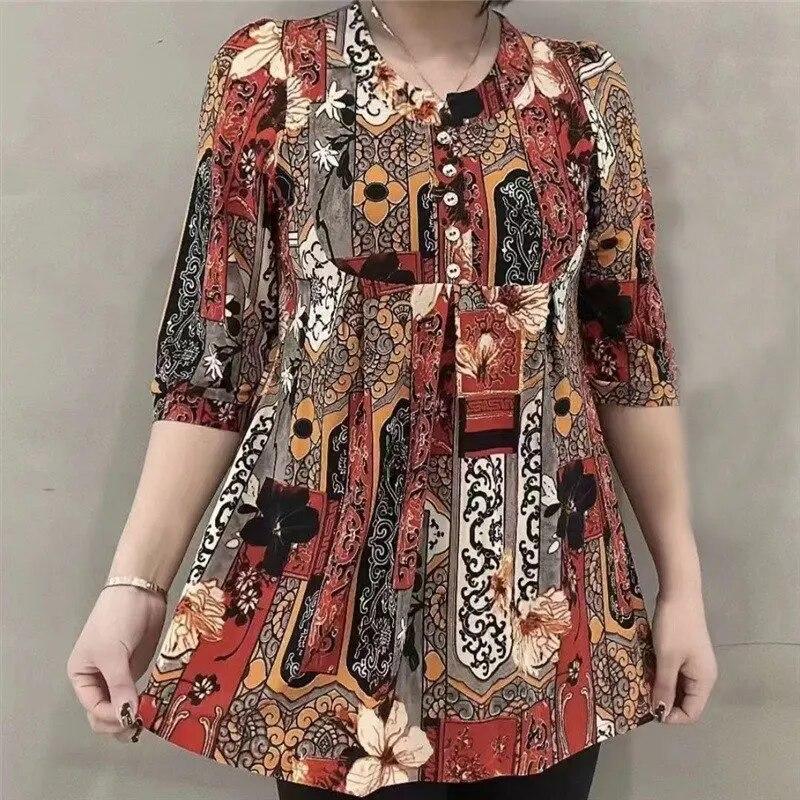 Women's Spring and Summer Plus Size Tall Elastic Loose Round Neck Mid Length Shirt Thin Section Five Minute Sleeve Shirt
