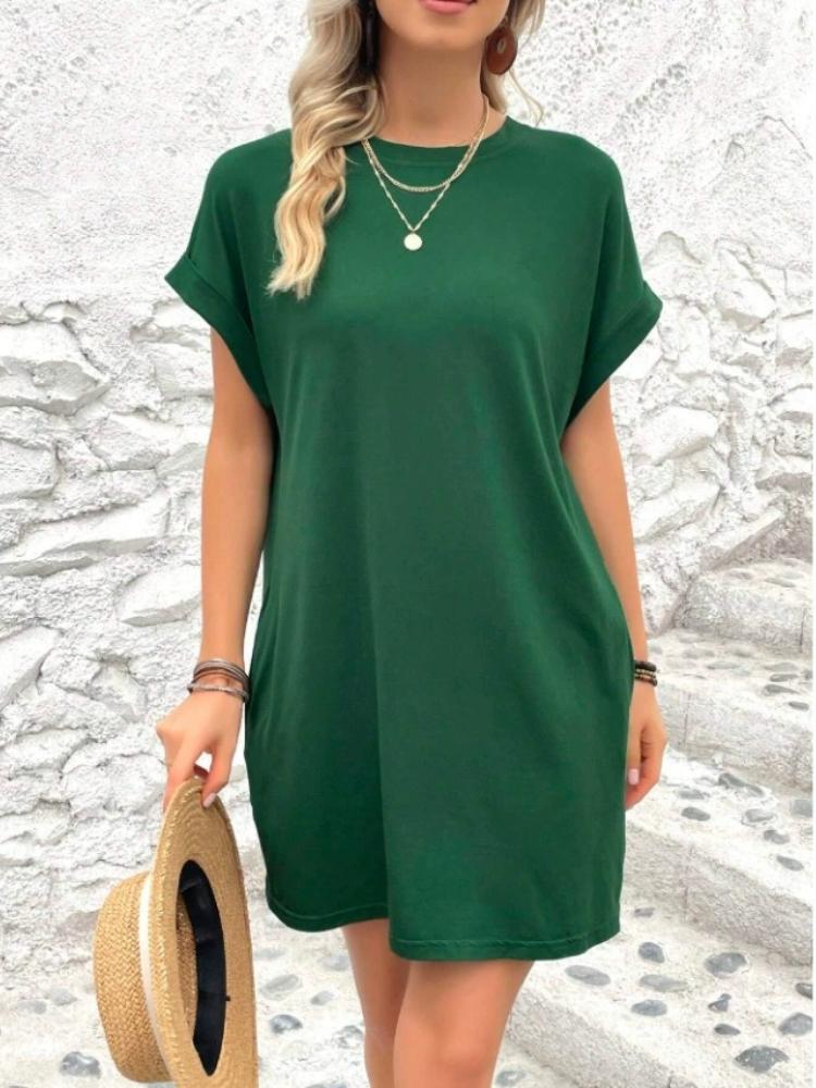 

Women s Casual Crew Neck T-Shirt Dress, Loose Fit Short Sleeve Mini Dress with Pockets for Summer Daily Wear 2XL зелений