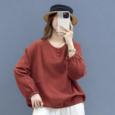 New Chinese Style Simple Solid Color Double-layer Cotton Loose Versatile Long-sleeved Pullover Top with Slimming Temperament