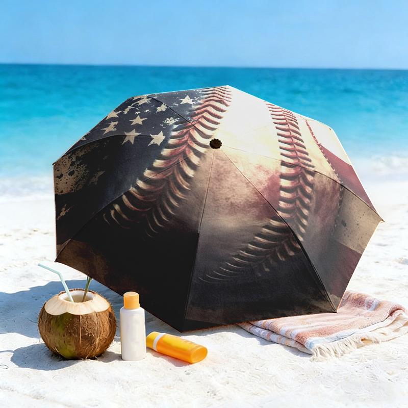 1pc American flag, baseball, and guitar Umbrella Portable Folding Umbrella Iron Frame Hole Bone Structure Outdoor Home Umbrella