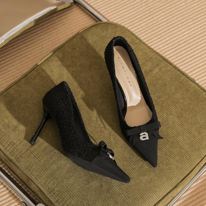 

8858 [Discontinued] High heels women s thin heels 2025 new pointed head color matching small fragrant bow single shoes 34