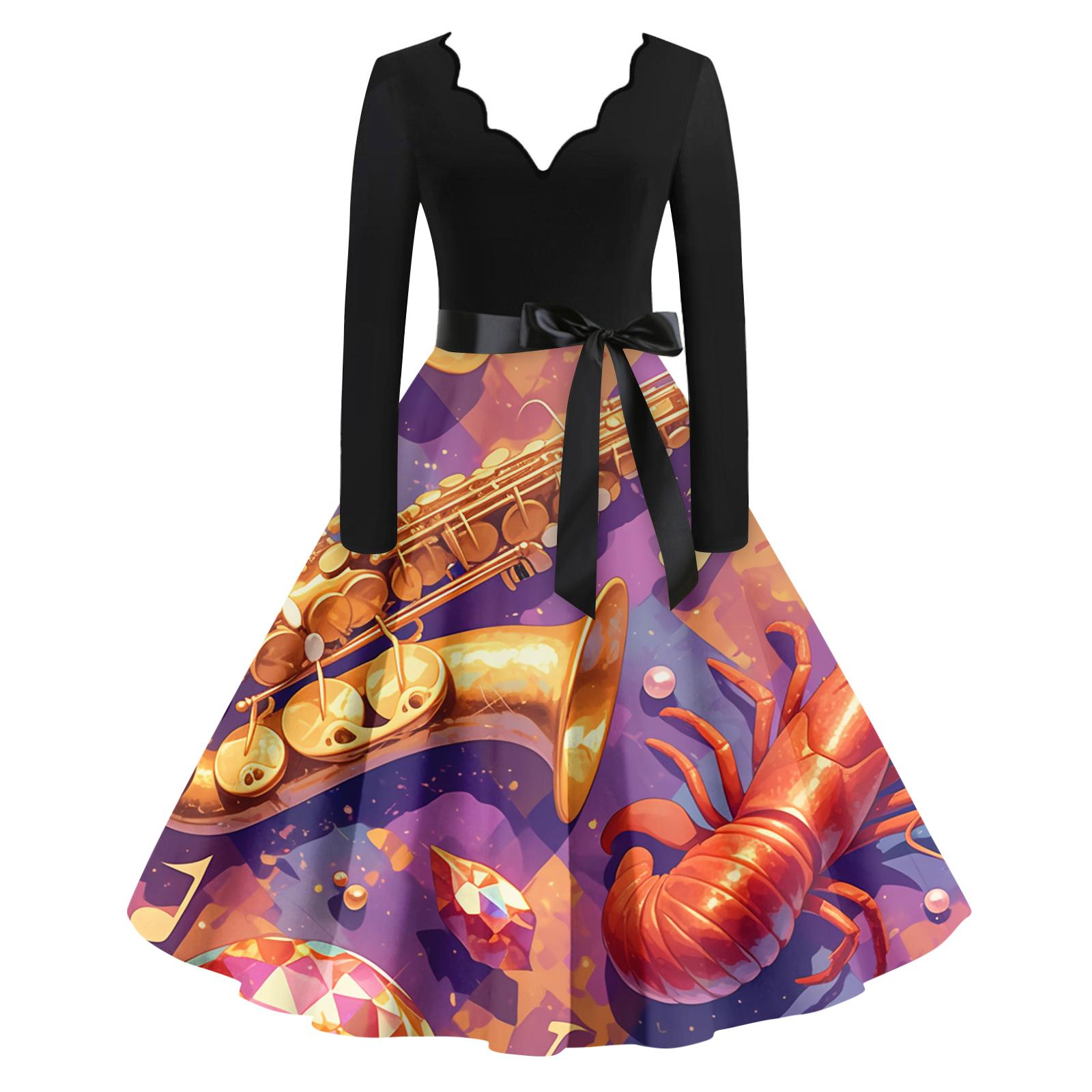 

Женское повседневное модное платье с V-образным вырезом и длинным рукавом с принтом в винтажном стиле L