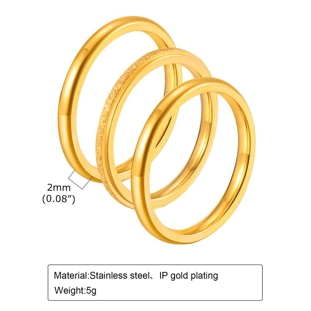Women's 3PCS Set Stainless Steel Ring, Gold Color Plating 2mm Slim Plain Finger Band Rings, Trendy Stacked Jewelry for Party
