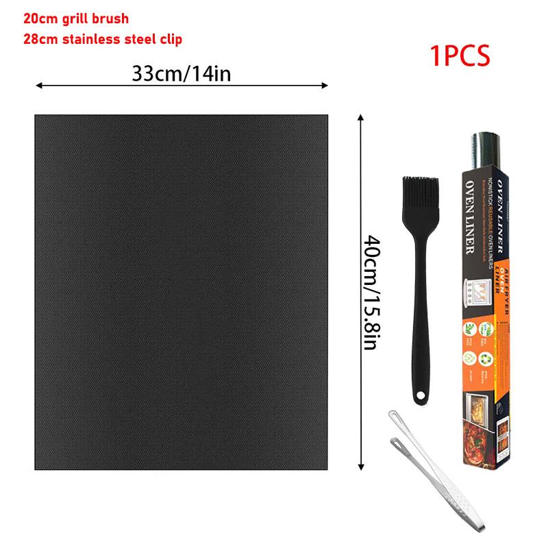 Non-Stick BBQ Grill Mat Set with Oil Brush and Tongs Heat-Resistant Outdoor BBQ Grill Mat for Charcoal Grills Reusable Mats
