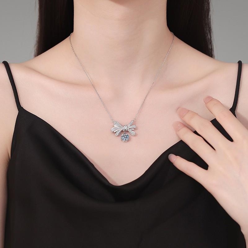 Womens Bow Pendant Necklace 2ct D Color Moissanite Chain Fashion Jewelry