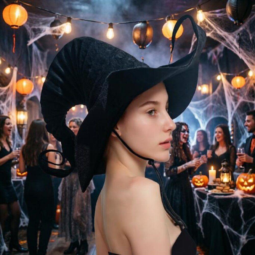 Swirling Design Halloween Wrinkled Witch Hat Ruffle Edge Pleated Wizard Hat With Rope Black Cosplay Party Witch Hats For Cosplay
