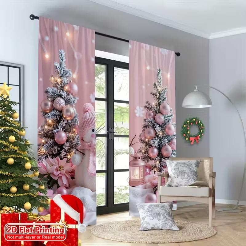 2pcs  Sweet Pink Snowman Pattern Curtains   Cute Design Light - Filtering Polyester Curtains for Christmas Home Windows