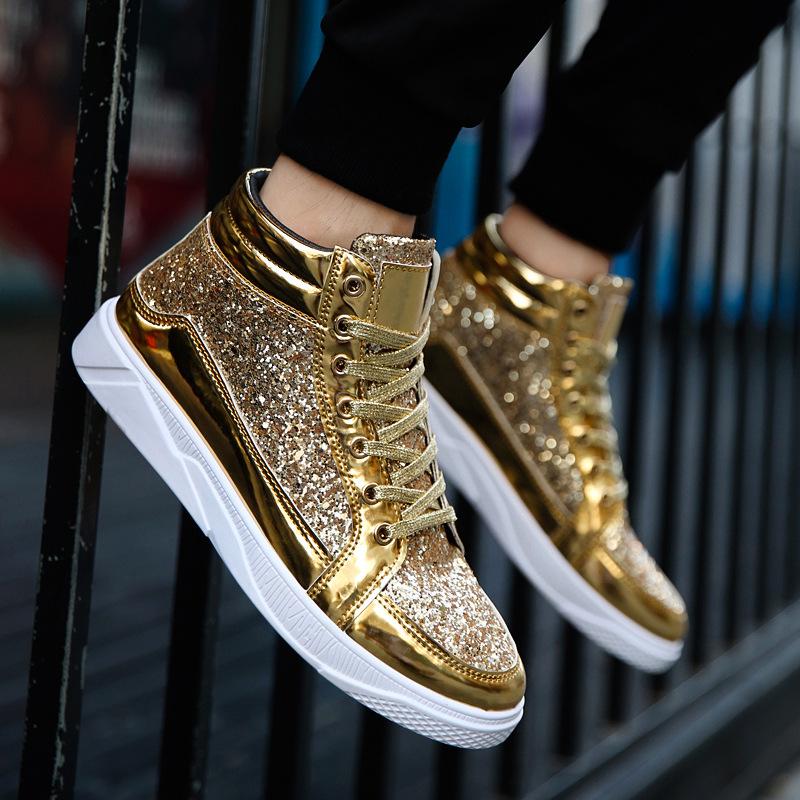 Męskie metaliczne złote buty skórzane high top retro błyszczące imprezowe klubowe botki w stylu vintage wygodne sznurowane sneakersy