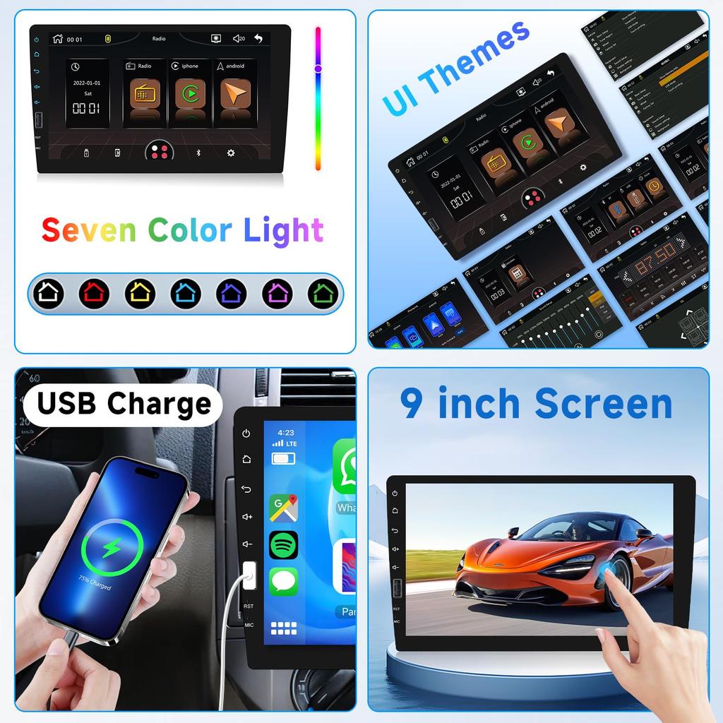 Hodozzy 1Din 9 Zoll Touchscreen 1 Din Autoradio Kabelloses Carplay und Android Auto Auto Stereo Single Din Unterstützt Bluetooth Freisprecheinrichtung Mirrorlink USB FM