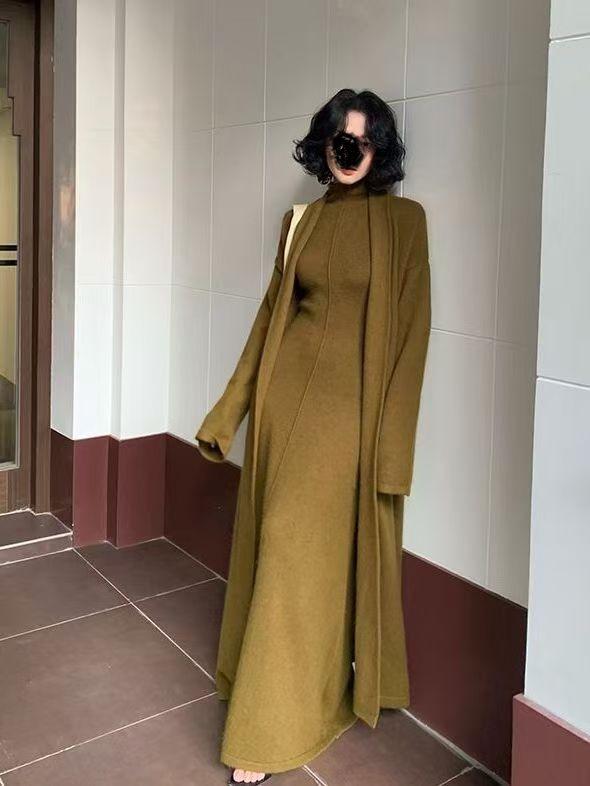 Hochgeschlossenes ärmelloses Strickkleid & Mantel Cardigan Zweiteiler-Set