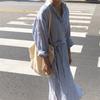 Spring Summer Women Long Dresses Striped Lace Up Cotton and Linen Shirt Dress